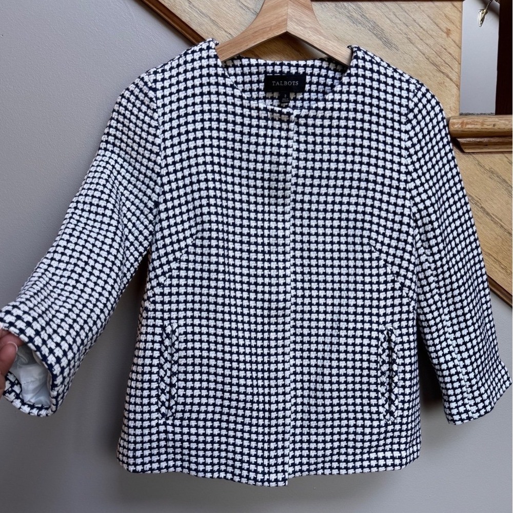 Talbots‎ Blue Houndstooth Tweed Zipper Blazer Jacket Sz 2 Old Money Quiet Luxury